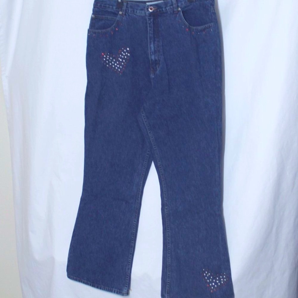 L.A.BLUES Medium Blue Denim Jeans Size 20W Boot Cut Red White Sequins Rhinestone